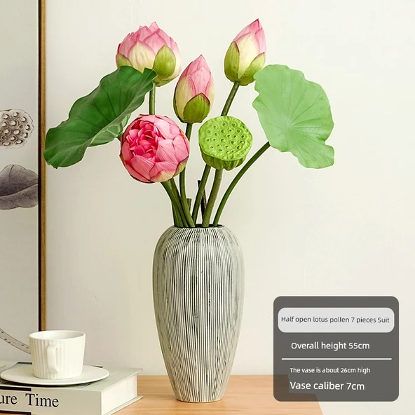 Yapay Lotus Çiçeği Aranjmanı - Yarım Açık Lotus 7'li Pembe/Seramik Vazo