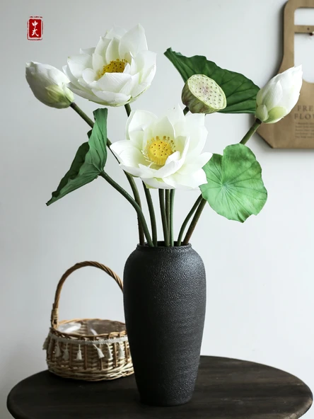 Yapay Lotus Çiçeği Aranjmanı - Yarım Açık Lotus (Beyaz) - 3