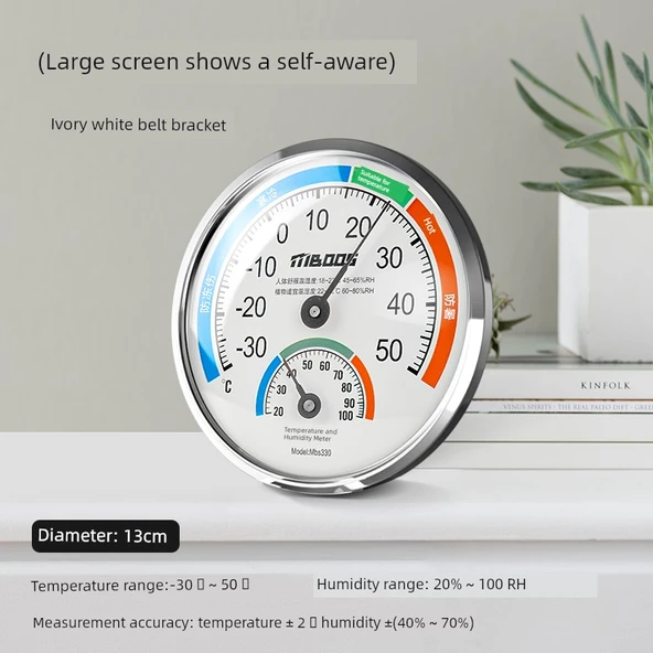 İç Ortam Termometre Higrometre - Fildişi Beyazı (Şeffaf Ölçekli/Braketli) 13cm