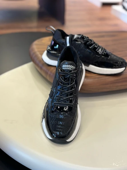 1091 YAZILI PARAŞÜT SİYAH HAKİKİ DERİ ERKEK SNEAKERS