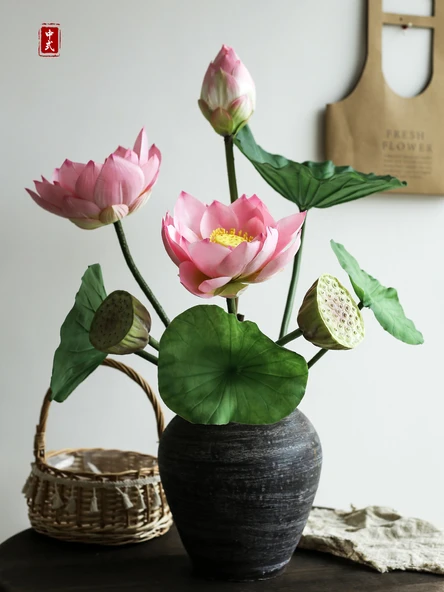 Yapay Lotus Çiçeği Aranjmanı - Açmış Lotus Pembe 8'li Karışık - 4