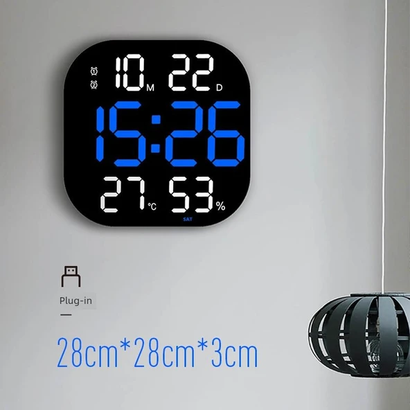 Minimalist LED Dijital Duvar Saati - 6632 Mavi + Beyaz Işık, Akıllı Kumandalı