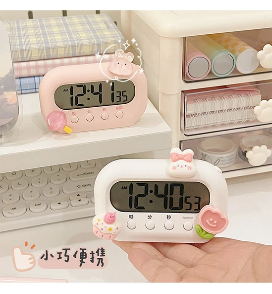 Sevimli Mini Masa Saati - Pembe + Kırmızı Yama - 12