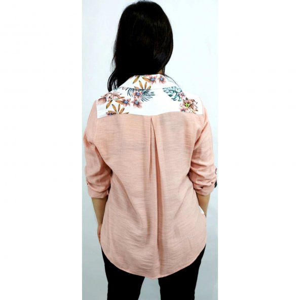 211055 Pudra Yaprak Desenli Keten Gömlek - 2