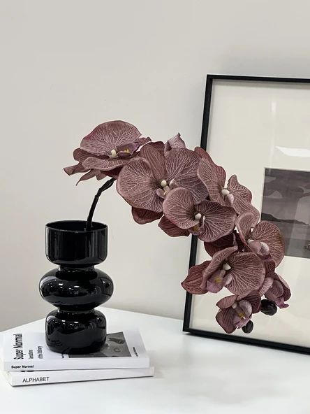 Mor Kahve Yapay Phalaenopsis - Siyah Vazoda