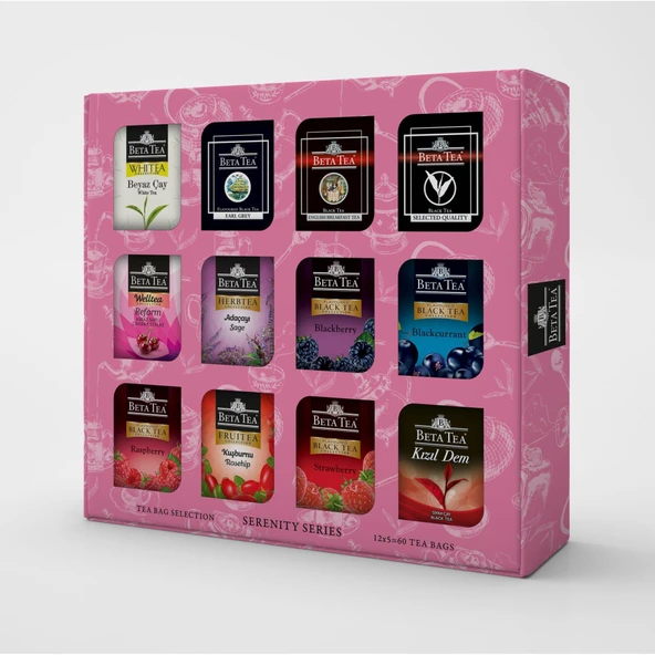 Beta Tea Hediyelik Çay Çeşitleri 60'lı Karışık Kutu, Serenity Series (12x5 Adet) (Siyah Çay, Beyaz Çay ve Bitki Çayları)