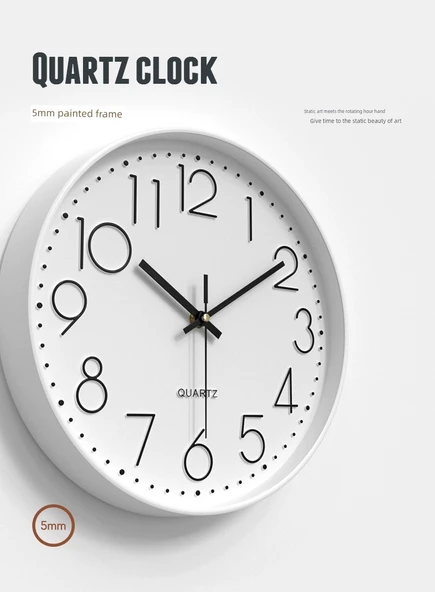Modern Sessiz Quartz Duvar Saati - 30 cm Gümüş Kaplama Beyaz Zemin - 10