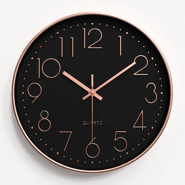 Modern Sessiz Quartz Duvar Saati - 25 cm Siyah Rose Gold