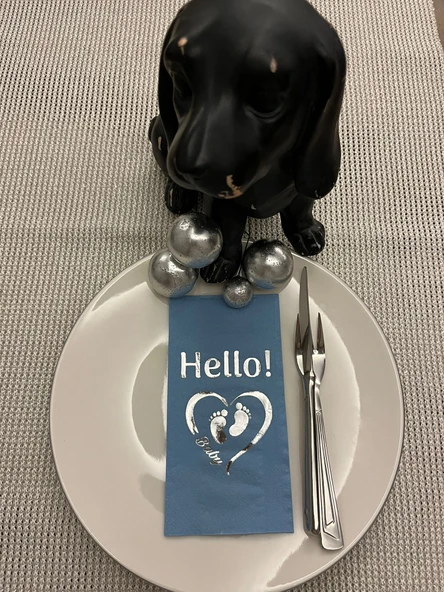 Gümüş Yaldızlı Mavi hello Baby Ayaklı Peçete 16 Adet