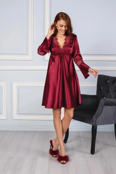 PİERRE CARDİN 6325 Bordo Kısa Gecelikli Saten 6 Lı Çeyiz Seti