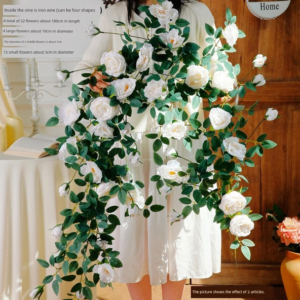 Pirinç Beyazı Yapay Gül Sarmaşığı - 1.8 Metre - Telli Sweetheart Rose