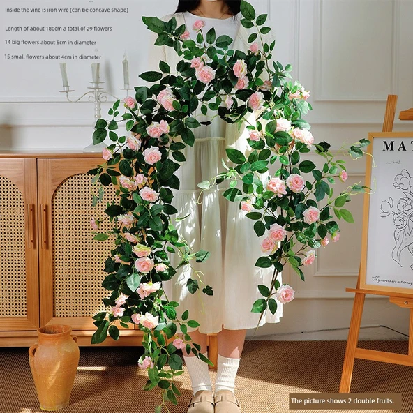 Soluk Pembe Yapay Gül Sarmaşığı - 1.8 Metre - Telli Gül