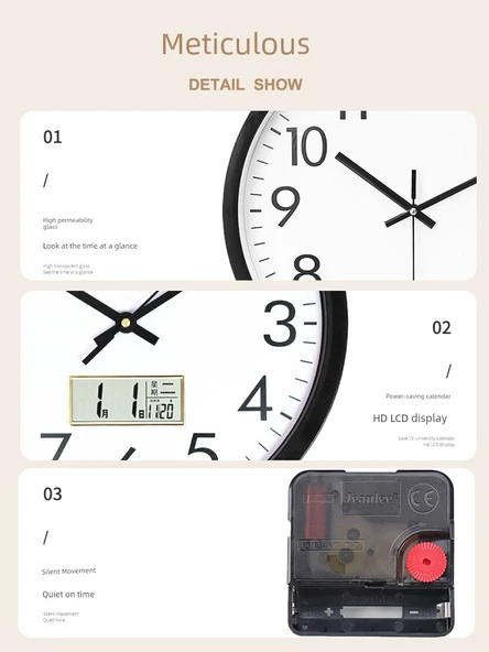 Takvimli Minimalist Sessiz Quartz Duvar Saati - 30 cm - İnci Beyazı - 3