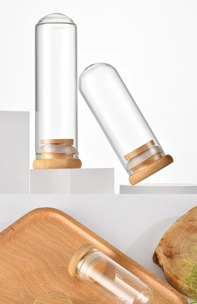 Bambu Kapaklı Yuvarlak Taban Cam Tüp Şişe - 30x70 Şeffaf 30ml - 11