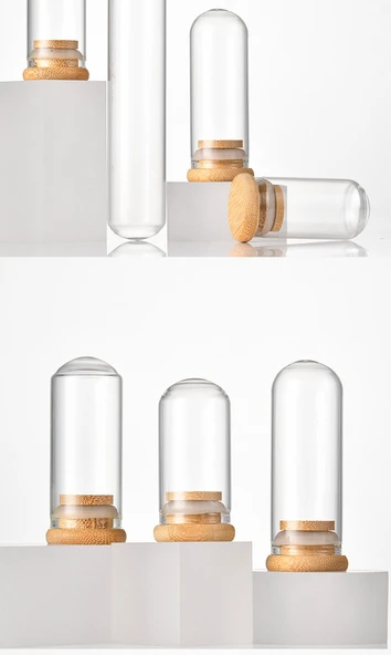 Bambu Kapaklı Yuvarlak Taban Cam Tüp Şişe - 30x70 Şeffaf 30ml - 10