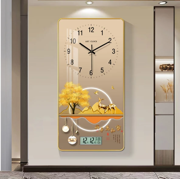Dikdörtgen Ahşap Duvar Saati 30 cm - Altın Geyik Nafu Desenli (Altın Çerçeve) Takvimli - 8