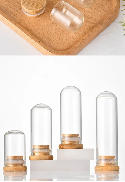 Bambu Kapaklı Yuvarlak Taban Cam Tüp Şişe - 30x70 Şeffaf 30ml - 12