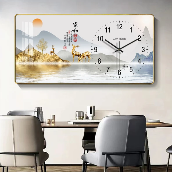 Ahşap Duvar Saati Takvimli - 30 cm K33-Altın Geyik (Altın Çerçeve) Standart