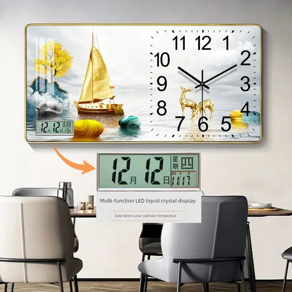 Ahşap Duvar Saati Takvimli - 30 cm K15-Düz Yelken (Altın Çerçeve)