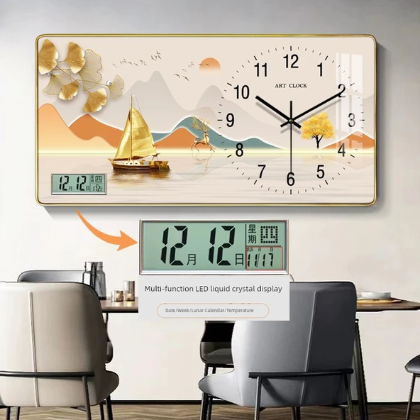 Ahşap Duvar Saati Takvimli - 40 cm K31-Düz Yelken (Altın Çerçeve)
