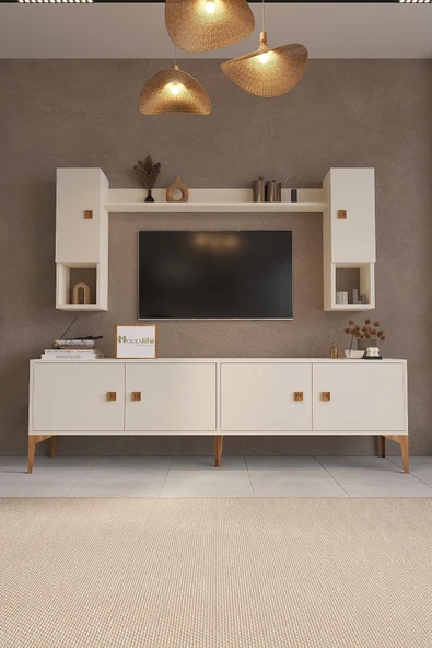 %100 MDF Tv Ünitesi Raflı Dolaplı Beyaz Tv Ünitesi 180 Cm