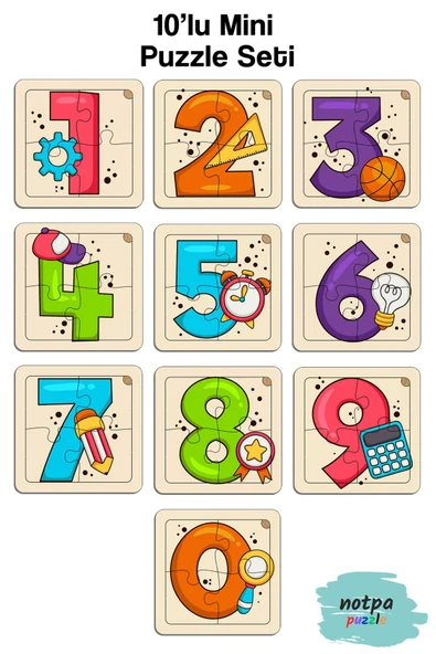 kutuTR Notpa Çocuklar Için Eğitici Ve Öğretici Ahşap 10'lu 4 Parçalı Rakamlar Mini Puzzle Set 4