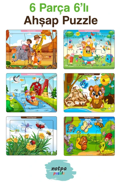 kutuTR Çocuklar Için Eğitici Ve Öğretici Ahşap 6 Parça 13x17 Renkli Puzzle 6'lı Set-604