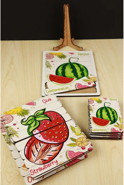 kutuTR Ahşap Çubuk Puzzle, 10lu Set Puzzle, Meyveler Puzzle, Montesorri Puzzle - 3