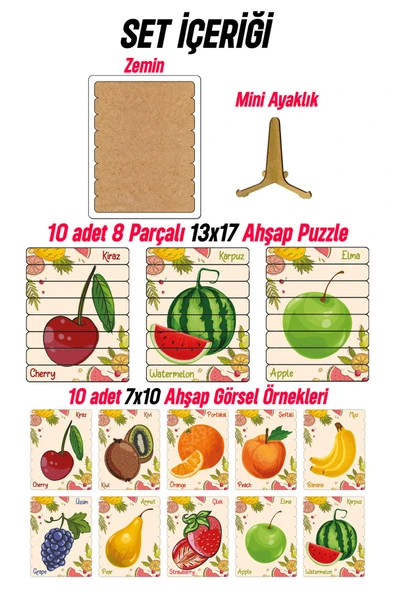 kutuTR Ahşap Çubuk Puzzle, 10lu Set Puzzle, Meyveler Puzzle, Montesorri Puzzle - 5