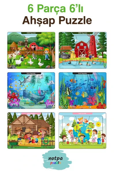 kutuTR Notpa Çocuklar Için Eğitici Ve Öğretici Ahşap 6 Parça 13x17 Renkli Puzzle 6'lı Set-601