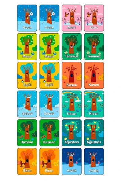 kutuTR 24 Parça Aylar Zeka Kartları Eşleştirme Oyunu Hafıza Kartı Ahşap Eğitici Puzzle Oyuncak - 2