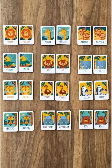 kutuTR 24 Parça Hayvanlar Serisi Zeka Kartları Eşleştirme Oyunu Hafıza Kartı Ahşap Eğitici Puzzle