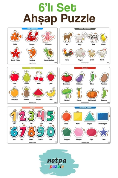 kutuTR 6'lı Mega Puzzle Set Eğitici Öğretici Ahşap Yapboz Sayılar Şekiller Meyveler Hayvanlar Sebzeler