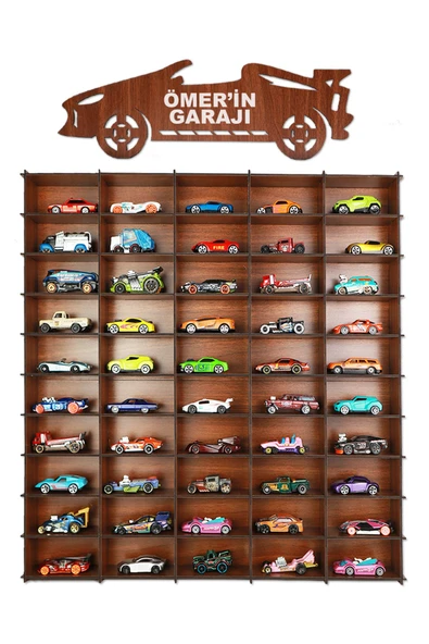 kutuTR Oyuncak Araba Rafı 50'li Ceviz (HOTWHEELS VE MATCBOX ARABALARI IÇİN UYGUNDUR) - 2
