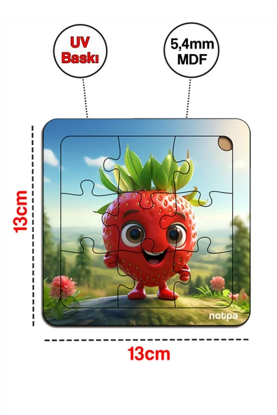 kutuTR Çocuklar İçin  Sevimli Meyveler Ahşap Renkli Yapboz 13x13 Ebadında Puzzle 9 Parça 3'lü Set 312 - 6