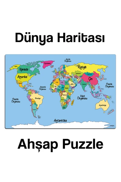 kutuTR Notpa Ahşap Renkli Dünya Haritası Puzzle 5 Yaş Ve Yetişkinler Için Yapboz 30x44 cm