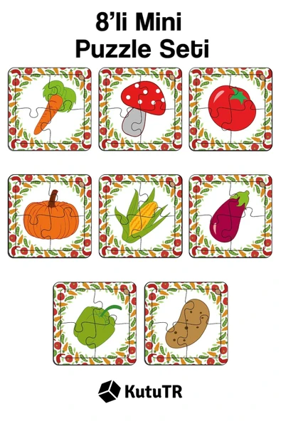 kutuTR Çocuklar Için Eğitici Ve Öğretici Ahşap 8 Li 4 Parçalı Sebzeler Mini Puzzle Set 8'li