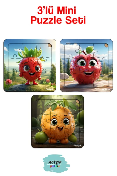 kutuTR Çocuklar İçin  Sevimli Meyveler Ahşap Renkli Yapboz 13x13 Ebadında Puzzle 9 Parça 3'lü Set 312