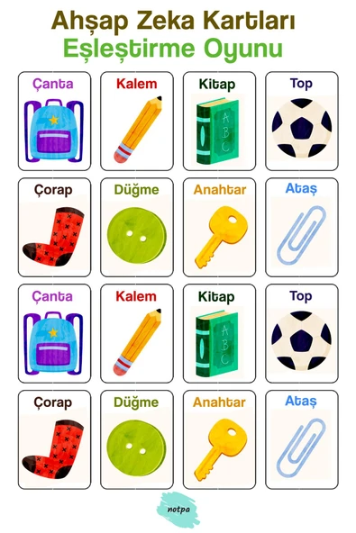 kutuTR Notpa 16 Parça Eşyalar Zeka Kartları Eşleştirme Oyunu Hafıza Kartı Ahşap Eğitici Puzzle Oyuncak - 2