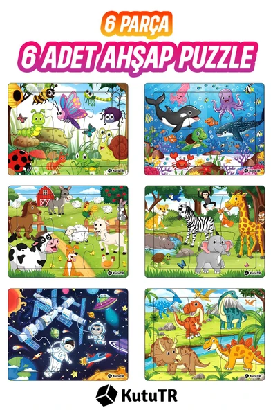 kutuTR Çocuklar Için Eğitici Ve Öğretici Ahşap 6 Parça 13x17 Renkli Puzzle 6'lı Set-608