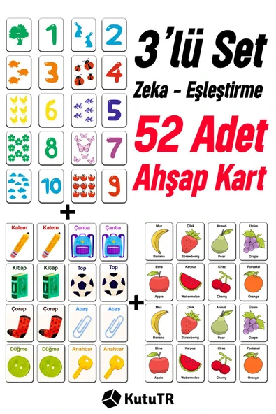 kutuTR 52  Parça Hafıza ve Zeka Kartları Eşleştirme Oyunu Ahşap Eğitici Puzzle Oyuncak 3'lü Set