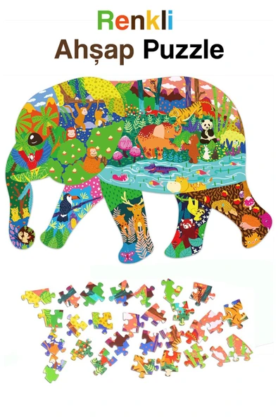 kutuTR Notpa Ahşap Renkli Hayvanlar Serisi Fil Figürlü Puzzle 5 Yaş Ve Yetişkinler Için Yapboz 40x30cm