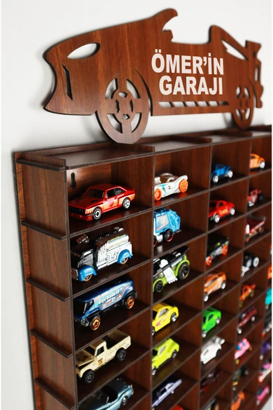 kutuTR Oyuncak Araba Rafı 50'li Ceviz (HOTWHEELS VE MATCBOX ARABALARI IÇİN UYGUNDUR) - 3