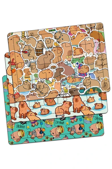 kutuTR Çocuklar Için Eğitici Ve Öğretici Capybara Ahşap 24 Parça Renkli Puzzle 3lü Set ürün görseli 1
