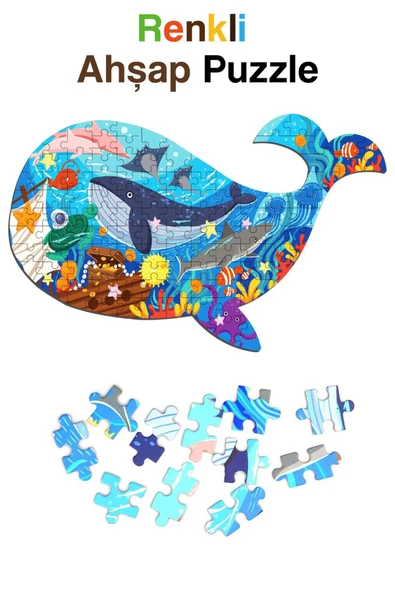 kutuTR Notpa Ahşap Renkli Hayvanlar Serisi Balina Puzzle 5 Yaş Ve Yetişkinler Için Yapboz 30x47cm