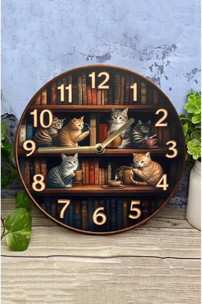 kutuTR Sessiz Yuvarlak Ahşap Duvar Saati, Kuvars Hareketli 2d Kedi Desen Sdw018 - 3
