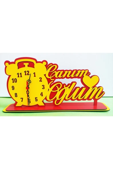 Notpa Canım Oğlum Ahşap Masaüstü Kalpli Saat Sarı-kırmızı