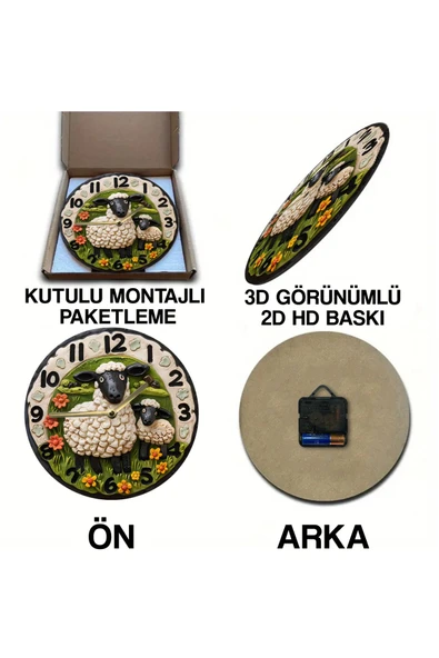 kutuTR Sessiz Yuvarlak Ahşap Duvar Saati, Kuvars Hareketli 2d Kedi Desen Sdw016 - 6