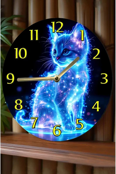 kutuTR Sessiz Yuvarlak Ahşap Duvar Saati, Kuvars Kedi Desen 2d Sdw025