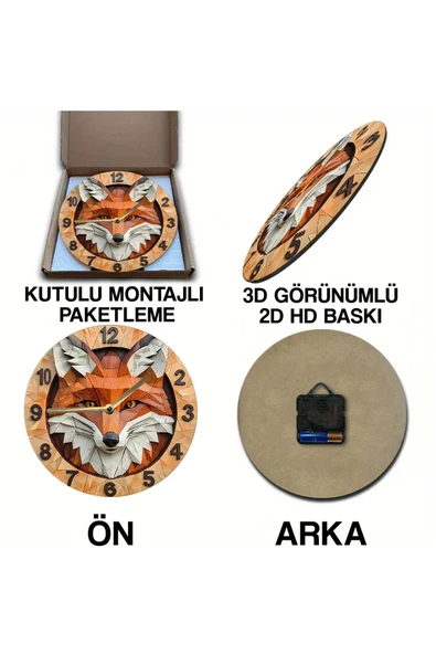 kutuTR Sessiz Yuvarlak Ahşap Duvar Saati, Kuvars Hareketli 2d Tilki Desen Sdw022 - 5